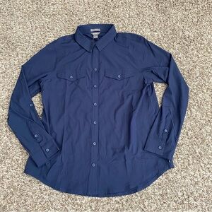 Eddie Bauer Departure Shirt Women’s M Dark Blue Stretch UPF 50 Roll Tab NWT